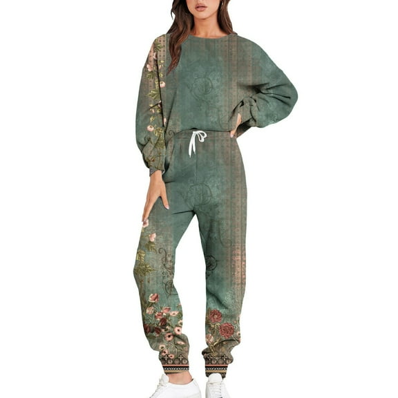 IROINNID Tracksuit For Women 2 Pieces Set Outfits Long Sleeve Round Neck Sweatsuit With Jogger Pants Home Sets With Pockets Jogging Suit,Green