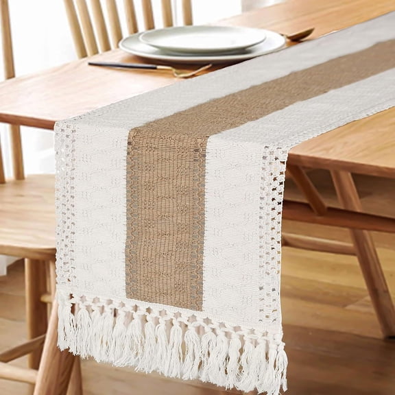 PoyoKee Table Runner, Boho Color Block Table Cloth, Linen Tassel Tablecloth Party Decorations for Kitchen and Dining Home Decor, 47 x 11 inch