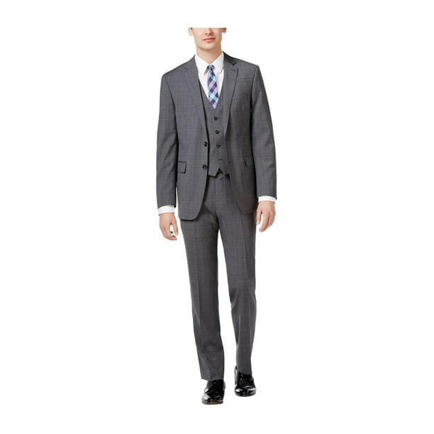 Calvin Klein Mens Plaid Windowpane Two Button Formal Suit grey