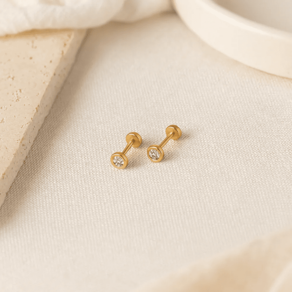 925 Sterling Silver 3mm Round White CZ Stud Earrings, 18K Gold Plated (1 Micron), Bezel Setting, Screw Back, Secure Fit
