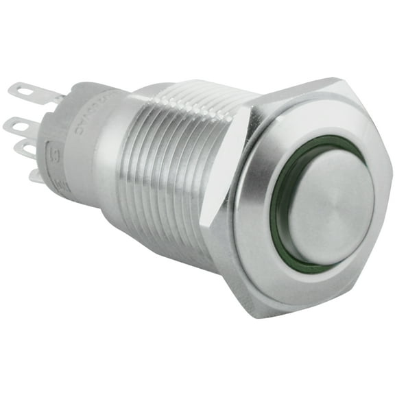 JacobsParts Momentary Pushbutton Starter Switch Stainless Steel Silver with Green LED fits 5/8" (16mm) Diameter Panel Cutout Hole