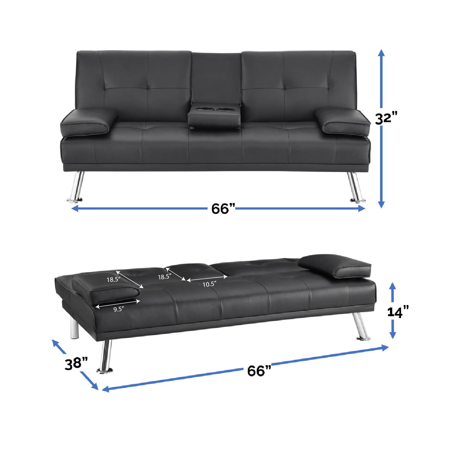 Futon Sofa Bed, Faux Leather Futon Couch with Armrest and 2 Cupholders, Pull Out Sofa Bed Couch Convertible with Metal Legs, Folding, Reclining Small Couch Bed, Futon Bed for Living Room - Black