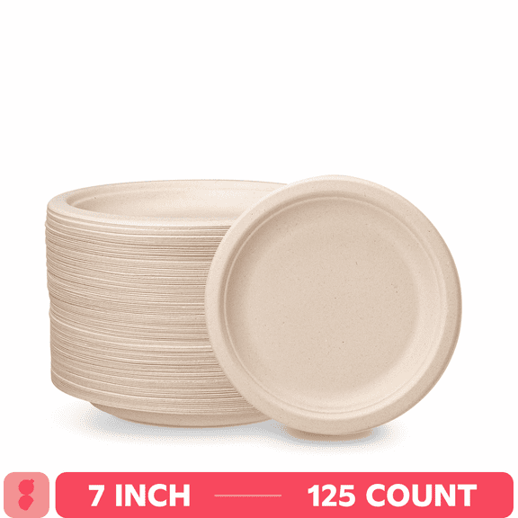 GUSTO 7 Inch 100% Compostable Paper Plates, Eco-Friendly Heavy Duty Disposable Dinnerware, 125 Count