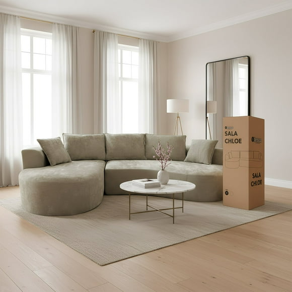 Bossa - Sala Modular en Forma de L de 3 Plazas con Diseño Curvo | Chloe Taupe | Tapizado en Tela Suave y Resistente con Cojines Decorativos