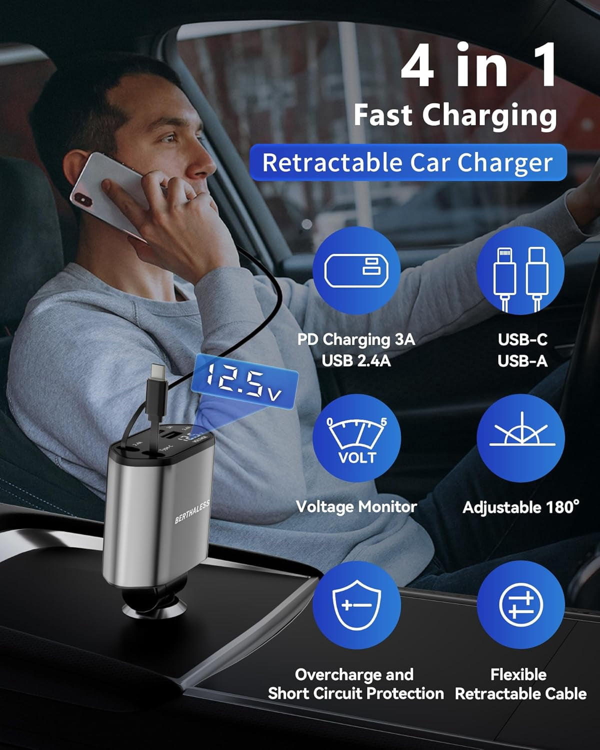 Retractable , 4 in 1 Fast Charging with USB-C & USB-A, Compatible with iPhone 17/16/15/14/13/12/11,Galaxy,Pixel, Car Accessories for Men Women Drivers