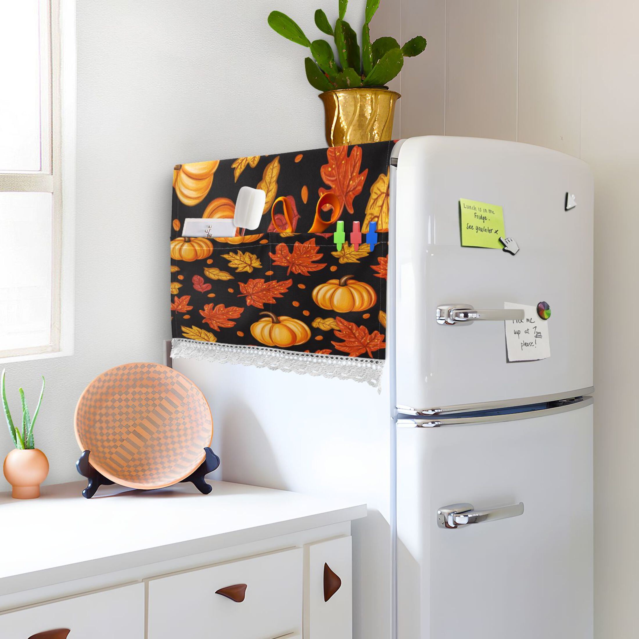 Pumpkin Leaf Fall AutumnWasher and Dryer Covers Dust-Proof and Oil Resistant Fridge Cover with 4 Storage Pockets Washing Machine Top Cover for Laundry Kitchen Home 51.2 x 22 In