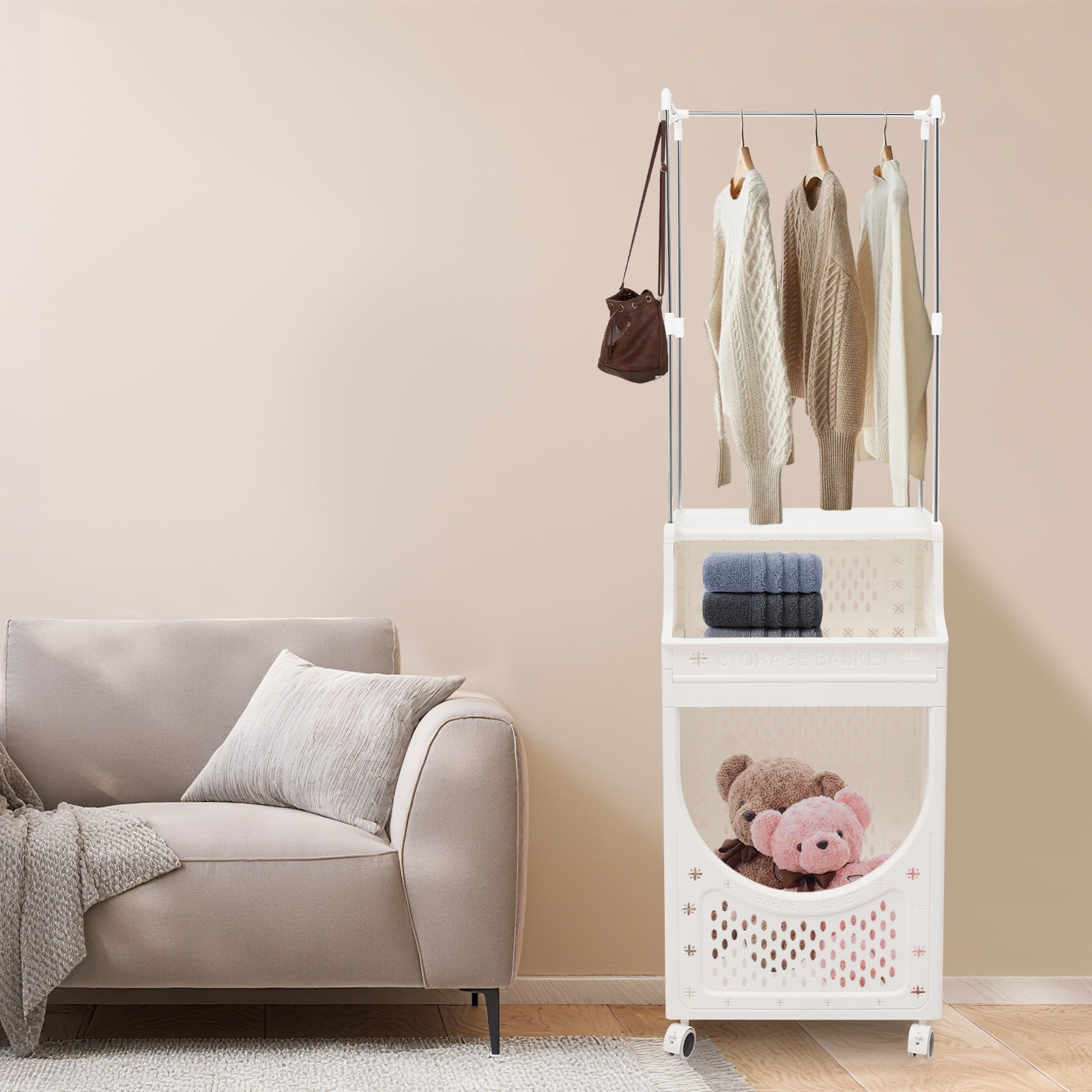 3-Tier Laundry Basket with Wheels Laundry Hamper Cart with Clothes Rack Dirty Clothes Hamper for Bathrooms
