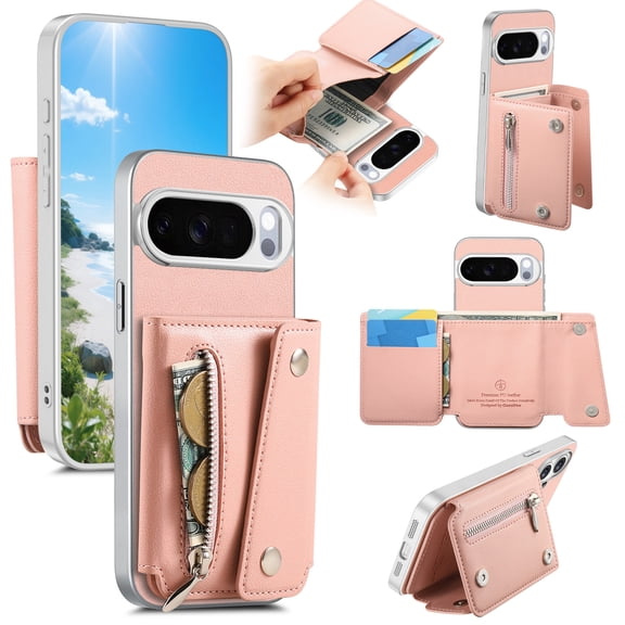 Sanwo for Google Pixel 10 / 10 Pro Wallet Case with Card Holder and Cash Slot, PU Leather Flip Cover with Kickstand, PC TPU Protective Case, Pink