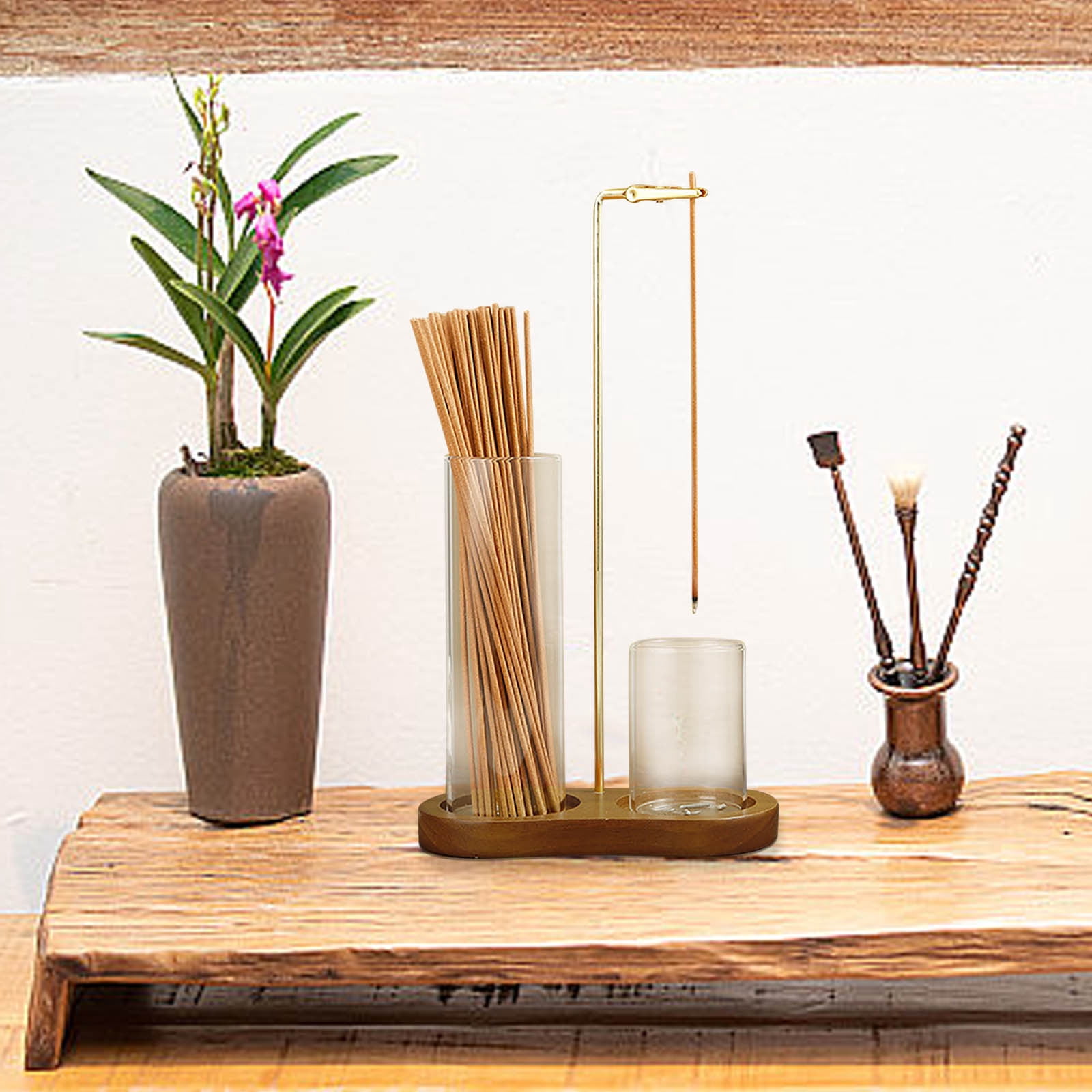 2-in-1 Incense Holder for Sticks with Ash Catcher, Solid Rubber Wood 8-Shaped Base and Glass Burner Cup, Modern Aromatherapy Decor for Home, Office, or Meditation Space