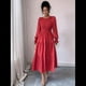 thumbnail image 4 of Vestidos de Invitada de Boda de Otoño para Mujer, con Mangas Largas Abullonadas, Fruncido, Cuello Redondo, Informal, Escalonado, Corte A, Vestido Fluido Rojo S, 4 of 7