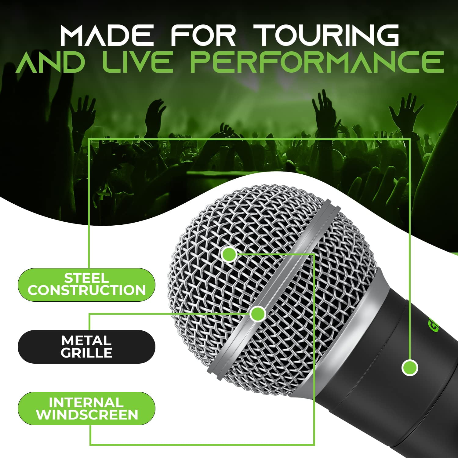 GEARit Dynamic Cardioid Vocal Stage Microphone with On/Off Switch and Mic Clip (Cables Sold Separately) - 4 Pack