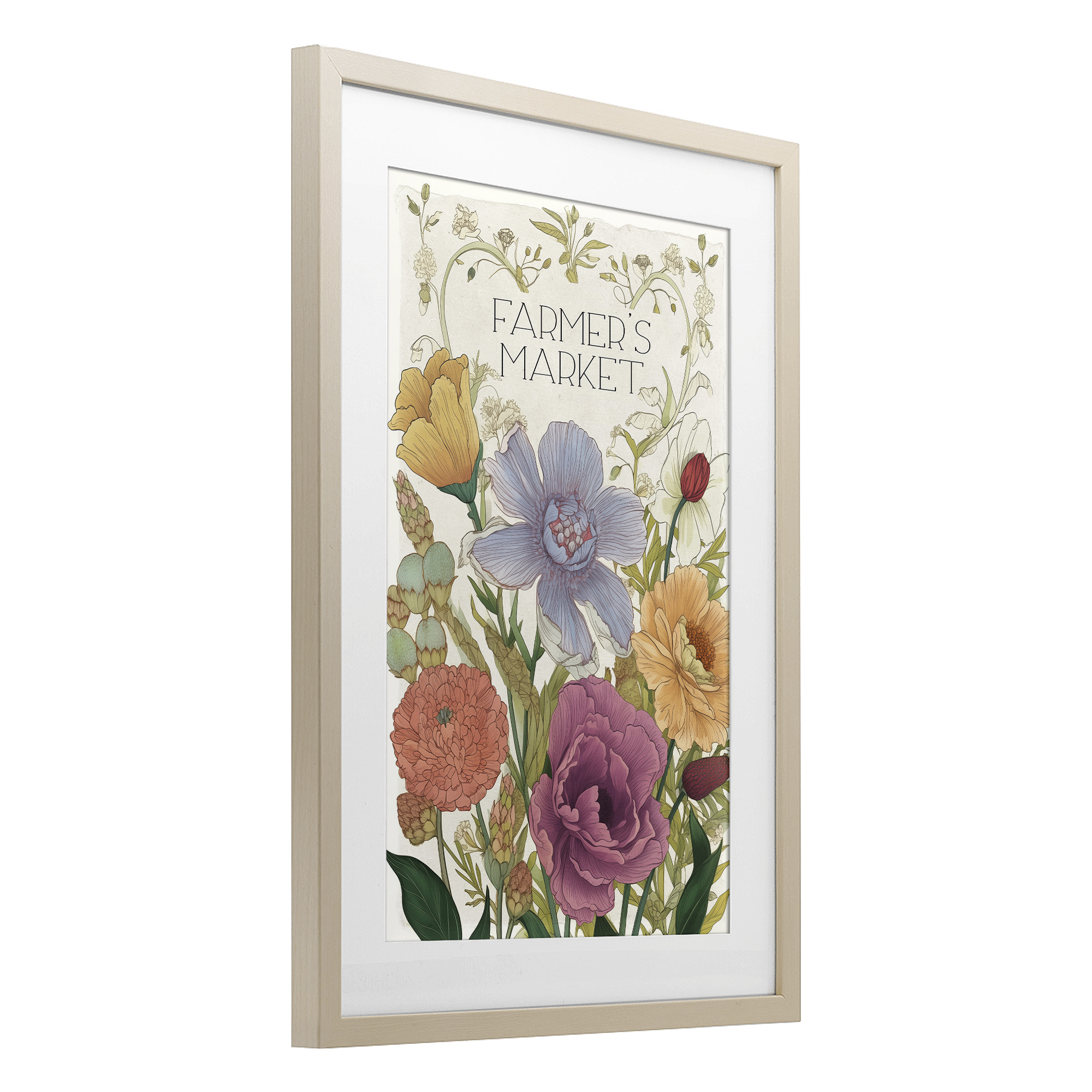Vintage Farmer's Market Garden Birch Framed Print Under Glass, design by Sasha