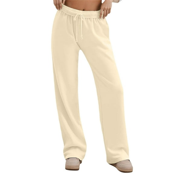 Womens Sweatpants High Elastic Waist Wide Leg Sweatpants with Inner Drawstring Pockets Loose Fit Pants Beige L