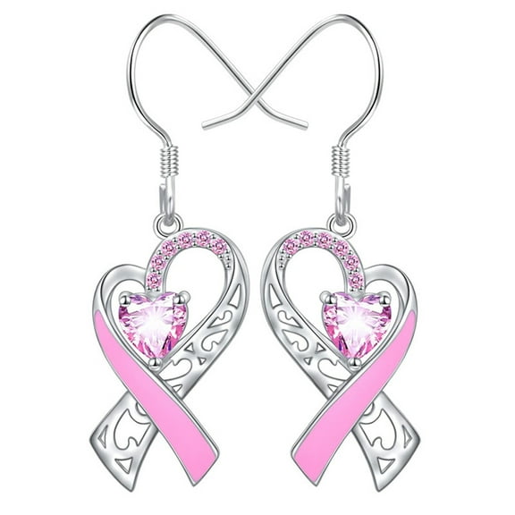 Stebcece Pink Heart Ribbon Dangle Drop Pierced Earrings Themed Cancer Awareness