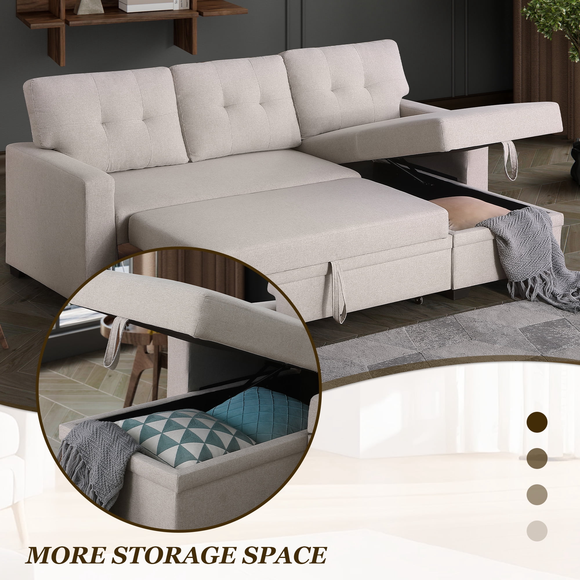 MOONMISS Sectional Sofa Bed with Storage and Soft Seat ,Reversible Pull Out Couch for Living Room,Beige