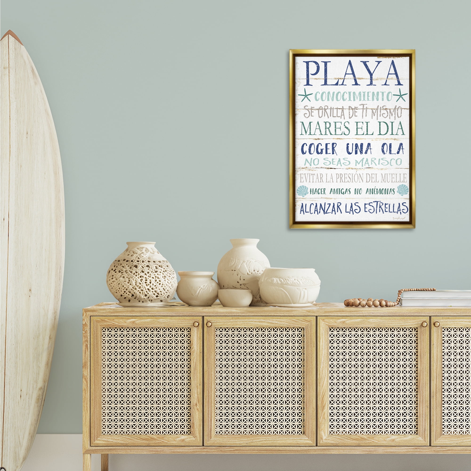 Stupell Industries Frases Felices De Playa Beach Painting Gold Floater Framed Art Print Wall Art, 21 x 31