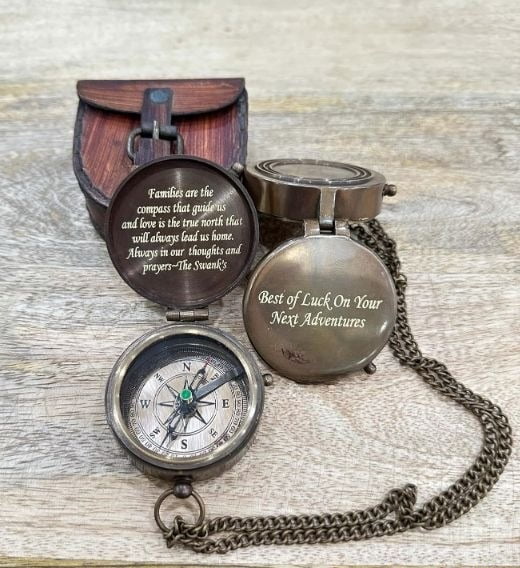 Antique Brass Pocket Compass with Leather Case Compass for Camping, Hiking Gift for Men, Him, Son | Engraved Compass