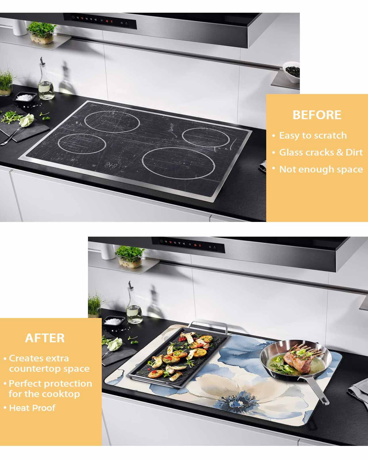 nqOlkjepod Large Induction Cooktop Protector Mat 31"x24", Blue Flower Stove Top Covers for Electric Stove, Watercolor Botanicals Blossom Gradient Stove Burner Cover Mats, Glass Top Stove Cover