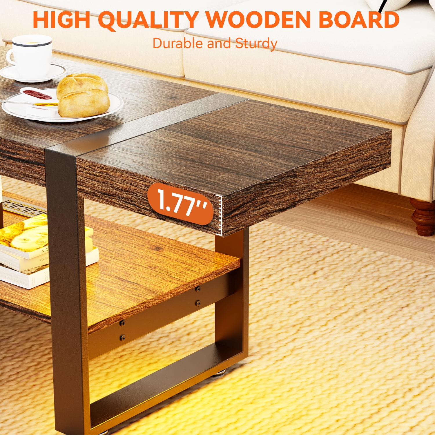 Behost Coffee Table for Living Room with Storage Shelf Farmhouse Style Center Table with Charging Station & Type-C Ports Easy Assembly Rustic Brown