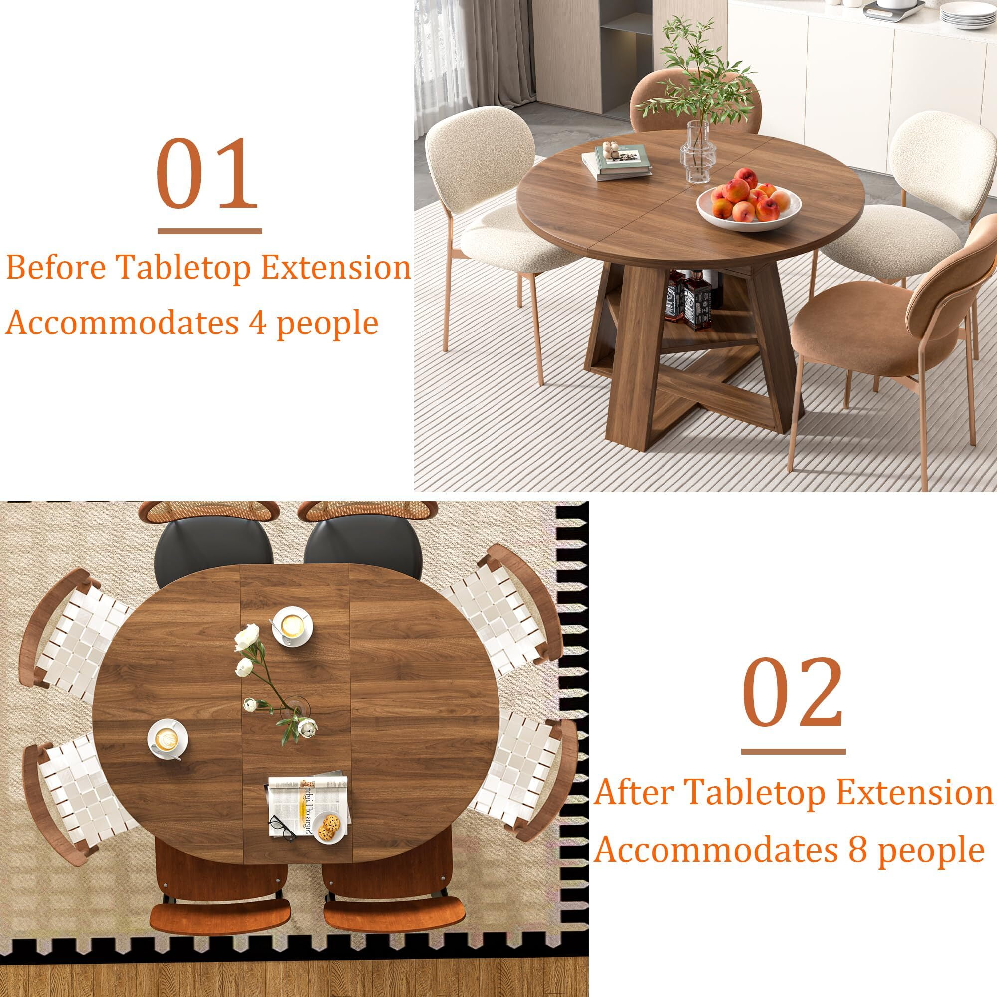 Fsbecl 43.3in-59in Extendable Round Dining Table for 4-8, Modern Wooden Kitchen Table with Removable Leaves, Walnut