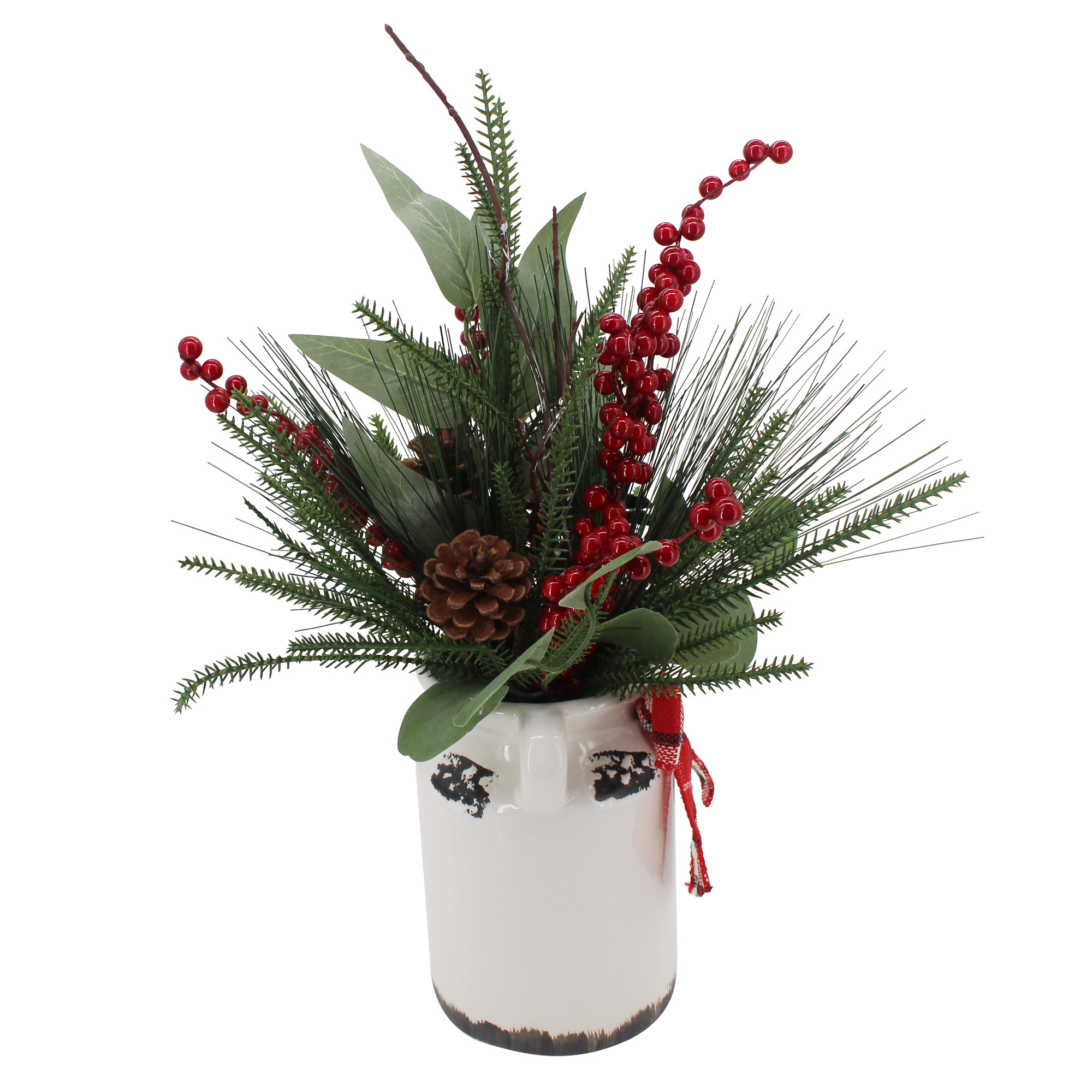 Holiday Time 17” Christmas Artificial Floral Arrangement in White Ceramic  Jug, Green 