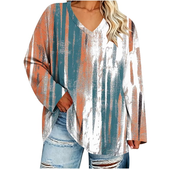 jobturf Plus Size Tops for Curvy Women Floral Oversized Graphic Tshirts Trendy Loose Fit V Neck Basic Tees Fall Long Sleeve Shirt L