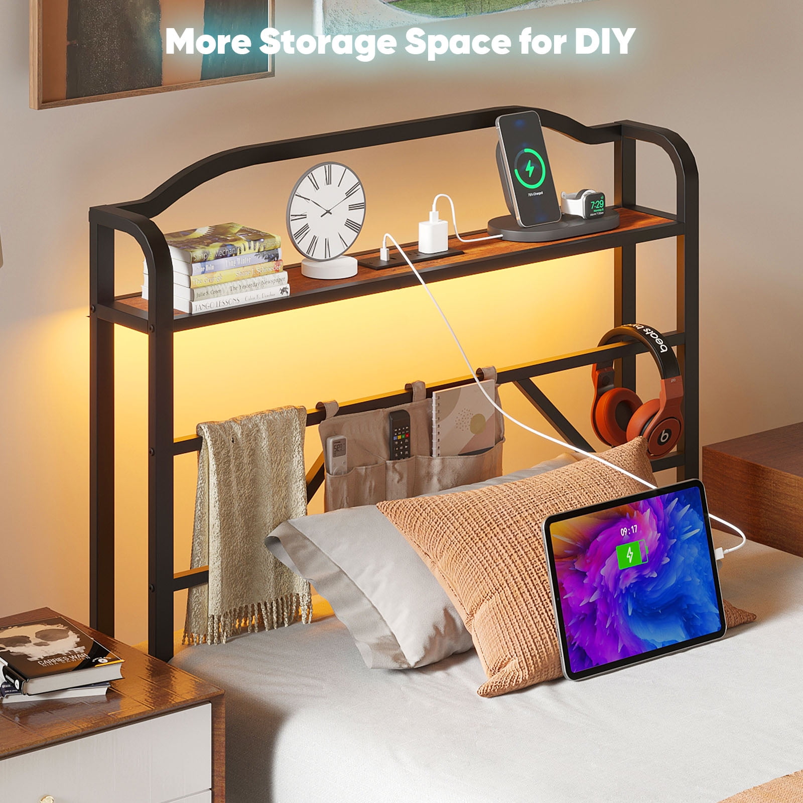 NISIEN Twin Size Bed Frame with LED Storage Headboard & Charging Station, Metal Platform Bed, Black
