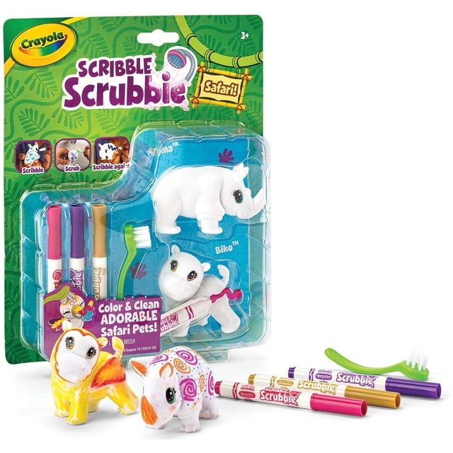 crayola scribble scrubbie pets, rinoceronte y hipopótamo — paquete Safari con 2 figuras blancas a escala infantil (rinoceronte y hipopótamo), 3 marcadores lavables Crayola (rojo, morado, naranja) y cepillo para frotar; vista frontal centrada del empaque blíster con ejemplos de figuras coloreadas en primer plano; también adecuado para actividades creativas en fiestas infantiles.