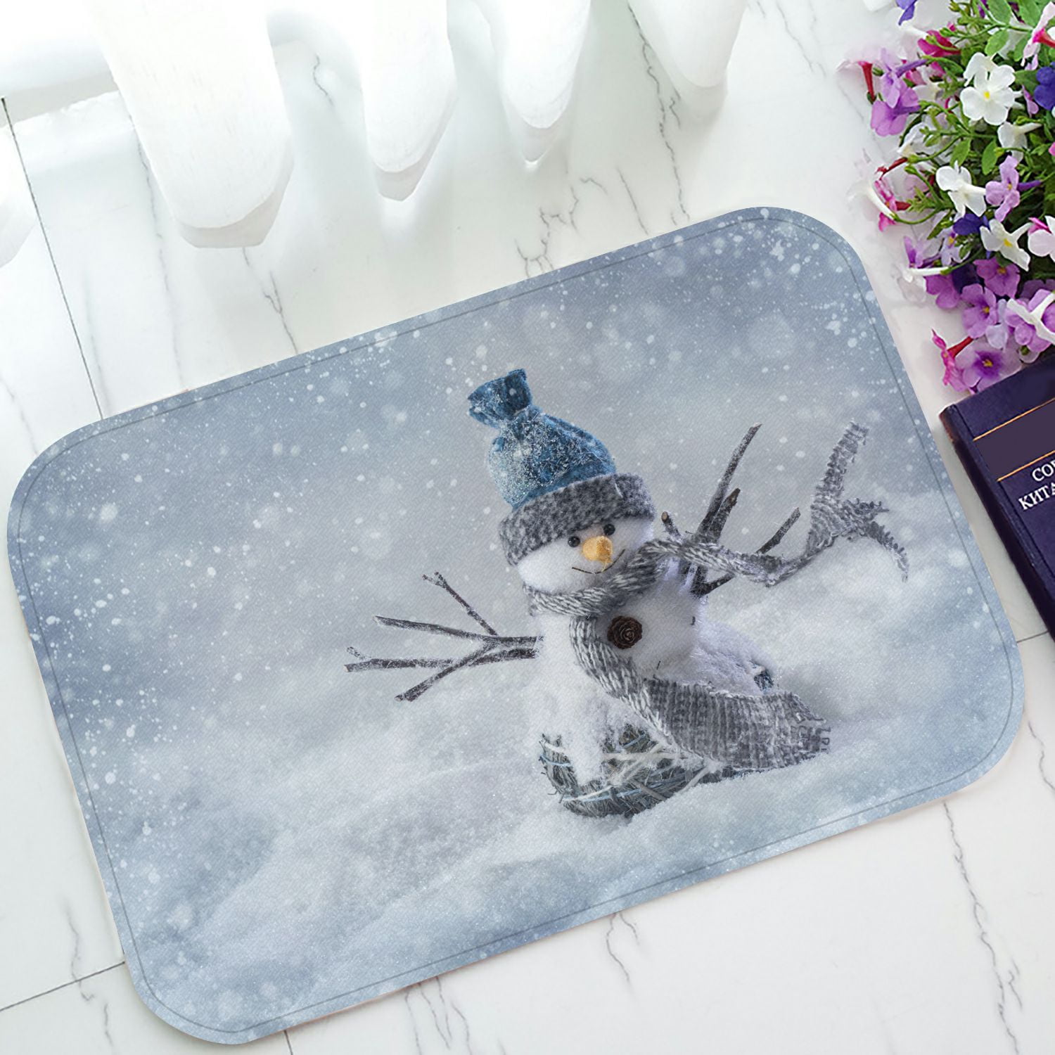 PHFZK Winter Holiday Doormat, Cute Smiling Snowman Snowflake Christmas