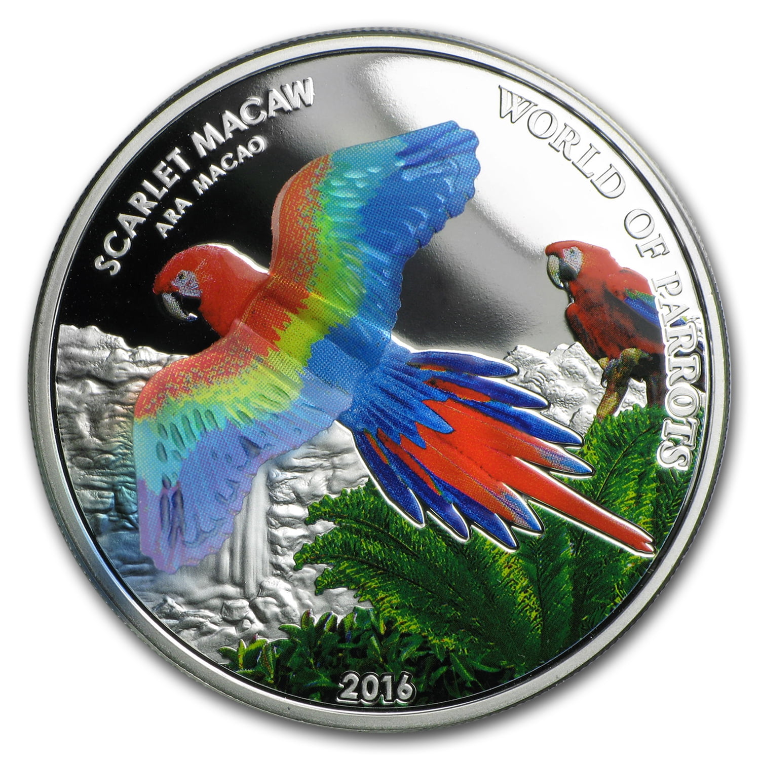 Scarlet Macaw 2016 Cook Islands $5 Silver Proof 3D World of Parrots 