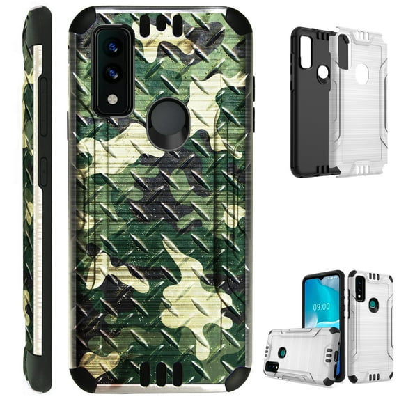 Compatible with AT&T Maestro 3 Brushed Metal Texture Hybrid Silver Guard Phone Case Cover (Camo Green Crosshatch)