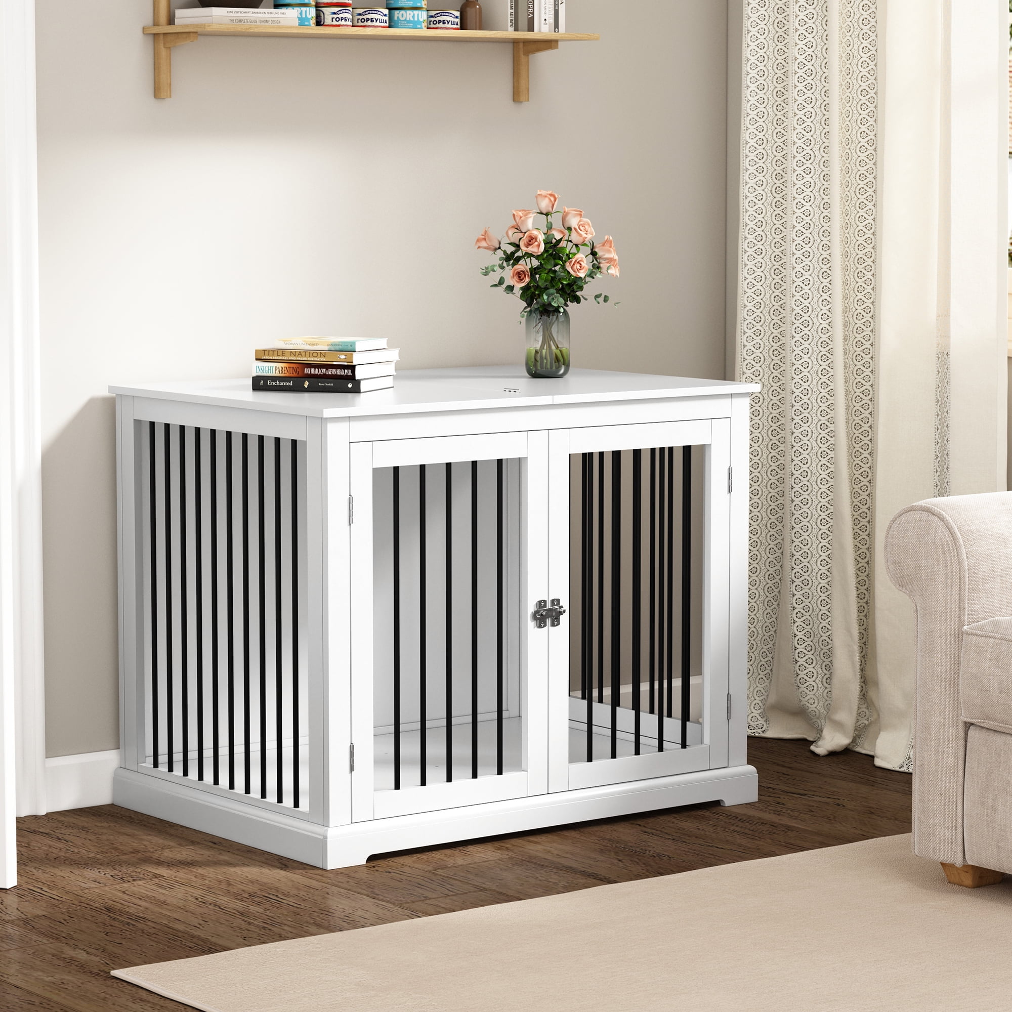 HLR 39 Inch Wooden Heavy Duty Dog Crate  for Indoor and Outdoor, Decorative Pet House End Table, Large Dog Kennel , White