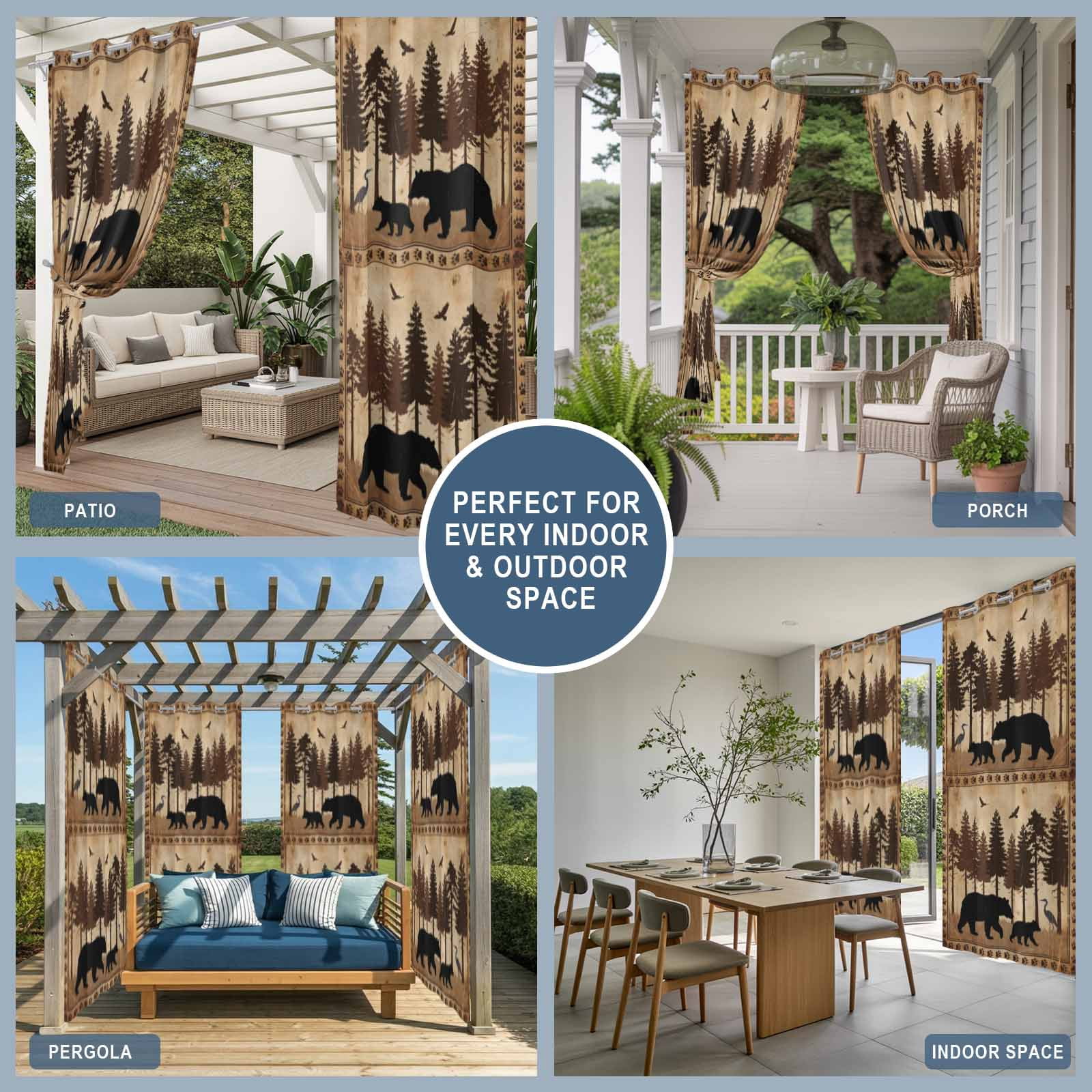 Wildlife Outdoor Curtains for Patio, Rustic Forest Birds Black Bear Silhouettes Sunshade Privacy Drapes Grommet Waterproof Outside Curtains for Porch/Cabana/Balcony 54"x 108", 1 Panel