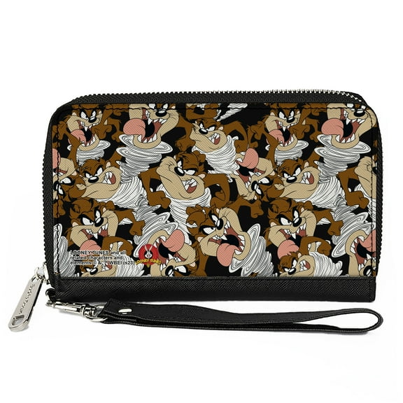 Looney Tunes Wallet, Zip Around, Tasmanian Devil Vortex Poses Scattered Black, Vegan Leather