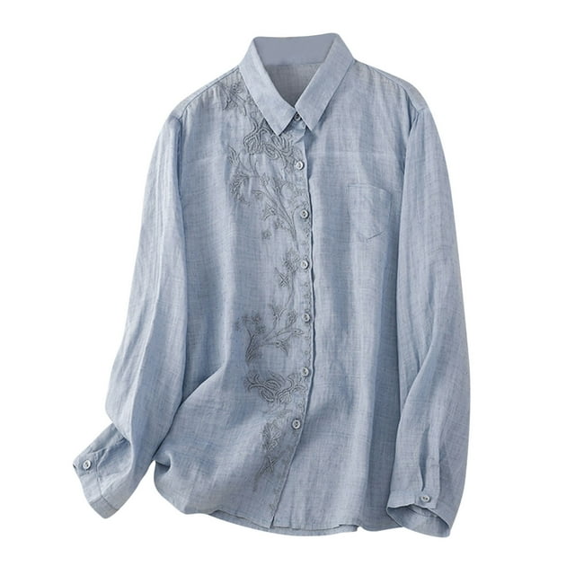 aidice Cotton Line Womens Tops Lapel Neck Long Sleeve Button up Shirts Embroidery Loose Blouses Tops