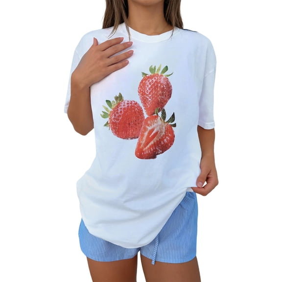 Womens Strawberry Tee Short Sleeve Floral Print Soft Breathable Casual Blouse White L