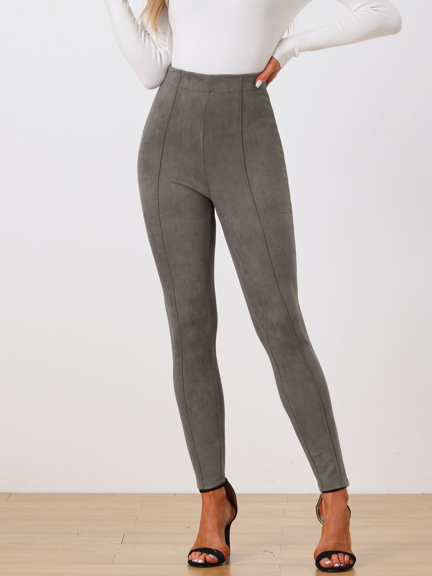 Unique Bargains Womens' Velvet Elastic Waist Side Zipper Narrow Leg Skinny Casual Pants L Dark Gray