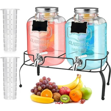 HBlife 1 Gallon Glass Drink Dispenser for Parties, 2 Pack Beverage Dispenser with Stand and Stainless Steel Spigot, Lemonade Dispenser with Ice Cylinder