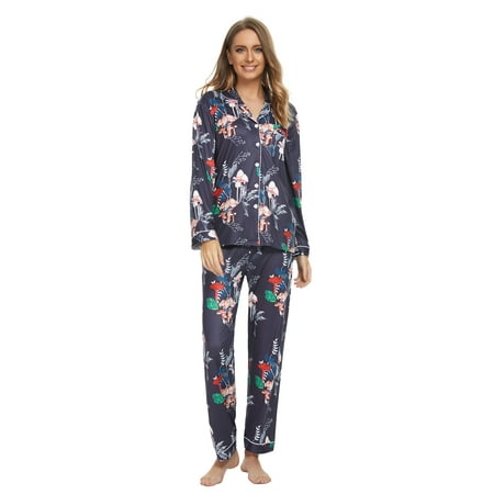 

MintLimit Women s Floral Long Sleeve V-neck Button Down Pocket Shirt and Pants Pyjamas Sleepwear Lounge Pajamas