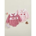 thumbnail image 3 of BemeyourBBs Newborn Baby Girl Valentines Day Outfit Gingham Plaid Bubbel Rompers Puff Long Sleeve Letters Embroidery Bow Decor Bubble Bodysuit Infant Spring Clothes, 3 of 9