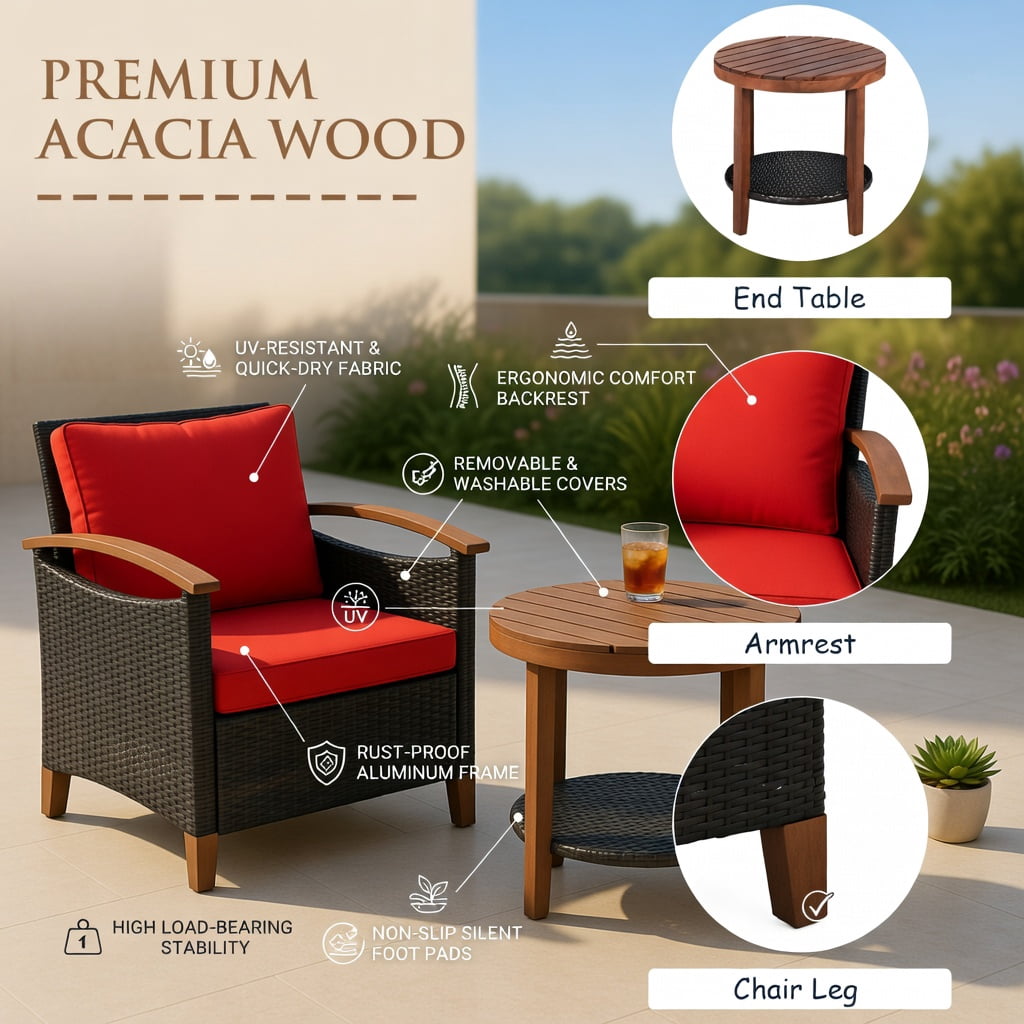 Hommoo 3-Piece Outdoor Rattan Patio Furniture Set with Washable Cushions & Acacia Wood Table, Red