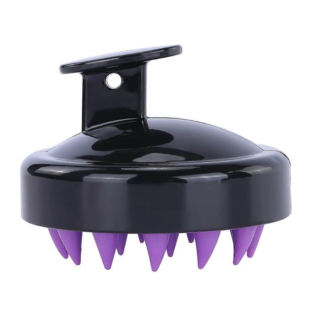 Cepillo masajeador del cuero cabelludo con cerdas de silicona suave, exfoliante capilar resistente al agua para la ducha, color negro y morado.