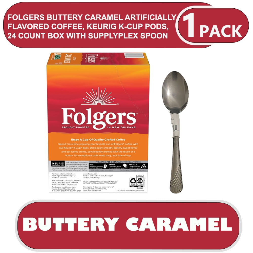 Folgers Buttery Caramel Artificially Flavored Coffee, Keurig K-Cup Pods, 24 Count Box with Supplyplex Spoon