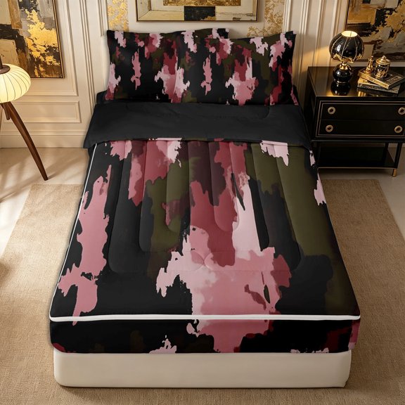 Castle Fairy Watercolor Camo Blotch Zipper Twin Comforter Sets with Fitted Sheet and 2 Pillowcases,Abstract Vertical Splash Shape Zipper Bedding Set,Olive Pink Black,Reversible