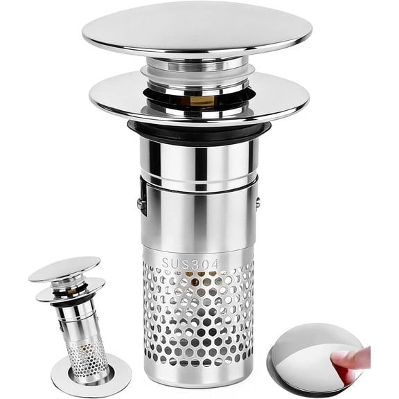 3 in 1 Bathroom Sink Drain Strainer, Pop Up Sink Stopper with Removable Stainless Steel Hair Catcher Filter Basket, Universal Brass Core Sink Plug for 1.3"~1.57" Basin Tub Drain