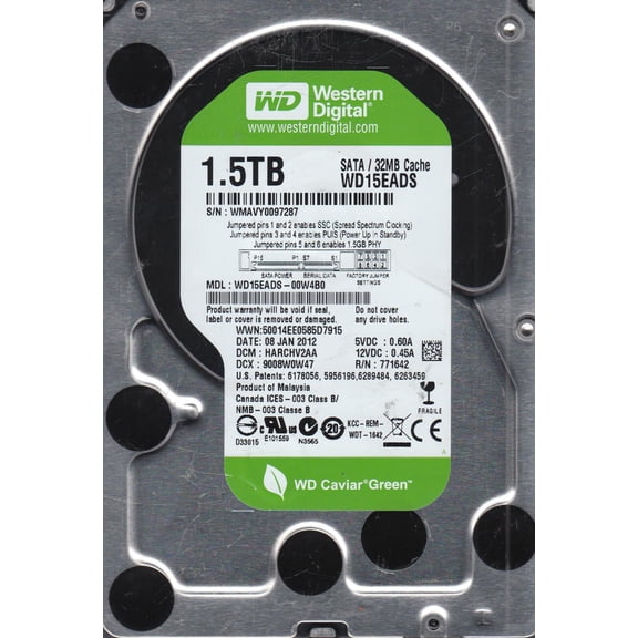 WD15EADS-00W4B0, DCM HARCHV2AA, Western Digital 1.5TB SATA 3.5 Hard Drive