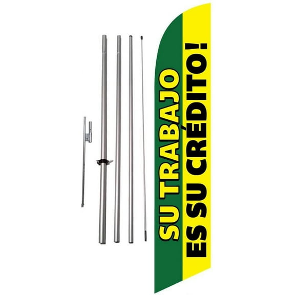 Su Trabajo es su Credito 15 foot Feather Banner Swooper Flag Sign with Pole Kit and Ground Spike