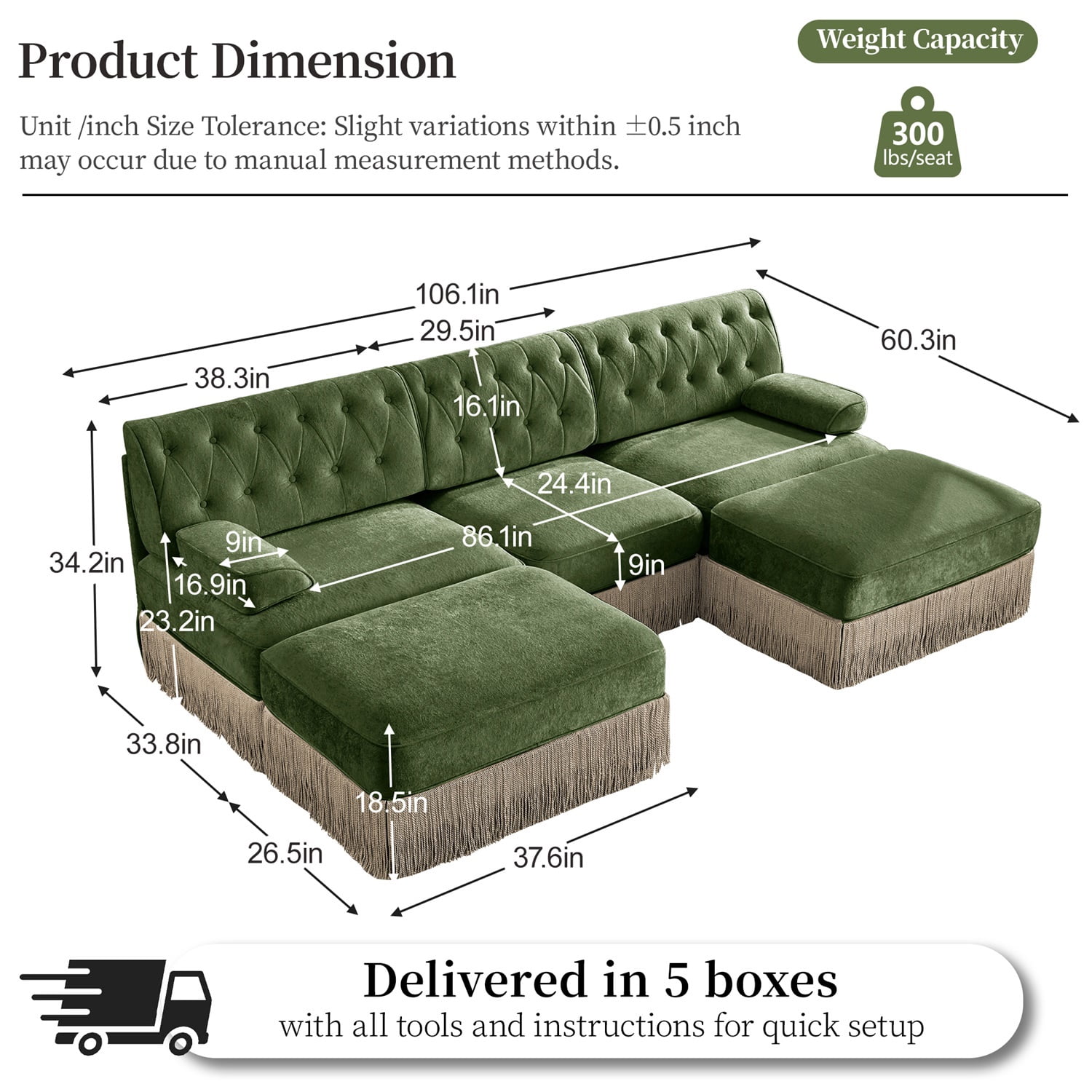 Hommoo 3-Seater Chesterfield Style Velvet Fabric U-Shaped Sectional Sofa with 2 Ottomans, Tufted Button Upholstered Design and Floor-grazing Tassel, Free Combination Sofa Couch Set, for Home, Green