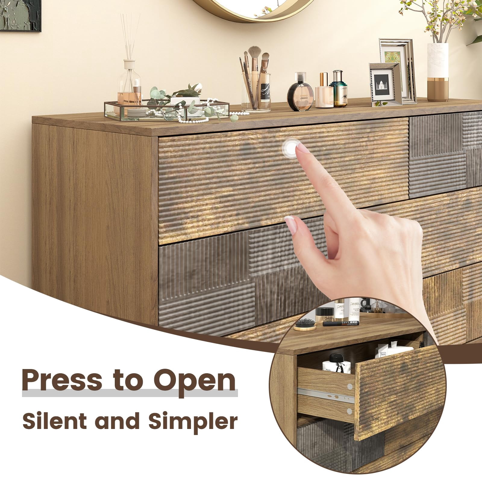 Danpinera Home 6-Drawer Fluted Dresser, 47” Wide Handleless Chest with Wood Finish, Rustic Brown Modern Storage Cabinet for Bedroom or Hallway