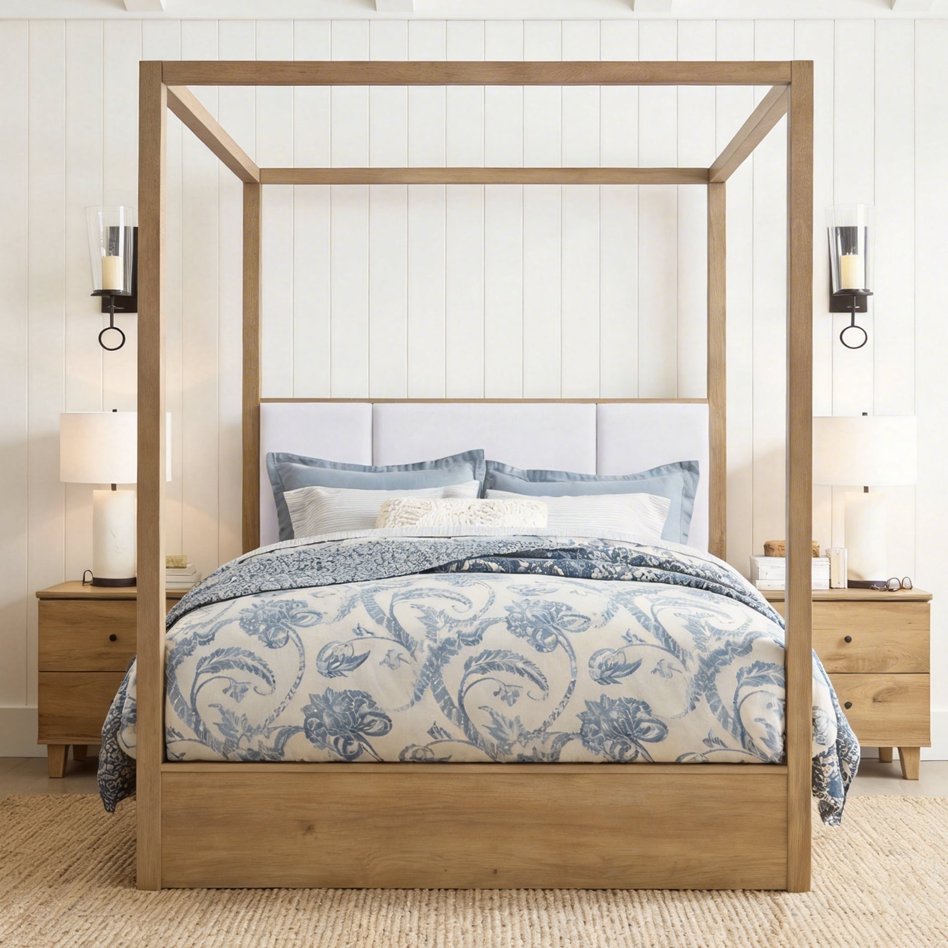 WAMPAT Modern Queen Size Canopy Bed Frame and 2-Piece Nightstands Set, No Box Spring Needed 4 Poster Bed with Headboard, Wooden Bedside Tables with Charging Station for Bedroom, Dark Brown Wood